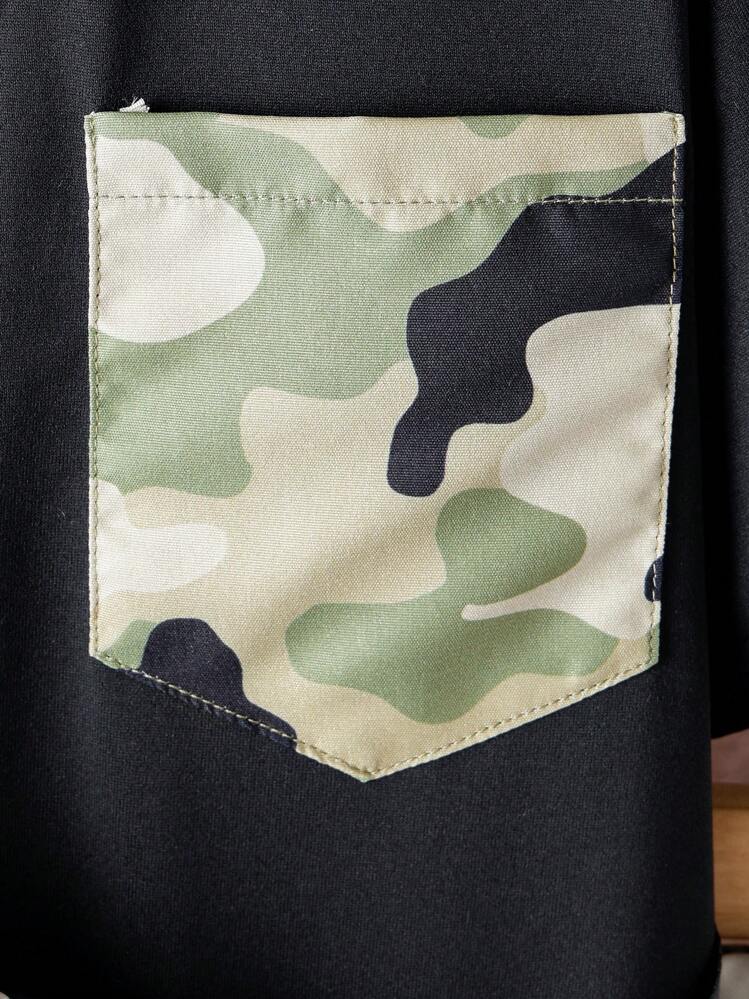 Tween Boy Camo Short Sleeve T-Shirt And Shorts Set With Bag, Spring Summer Casual Outdoor Outfit, 2pcs - Black - View 3