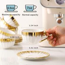 2 Sets, Ceramic Cups With Saucers, 2 Coffee Cups With Golden Rim And 2 Saucer Plates, For Coffee Drinks, Latte, Americano And Tea, Home Decor, Room Decor,7oz - White - View 2
