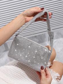 閃亮銀色鑲有鑽石的手拿包,肩背雙用,有時尚的純色手把。適用於婚禮、派對、宴會、舞會、生日、情人節等場合的禮物 - 銀色 - 查看 1