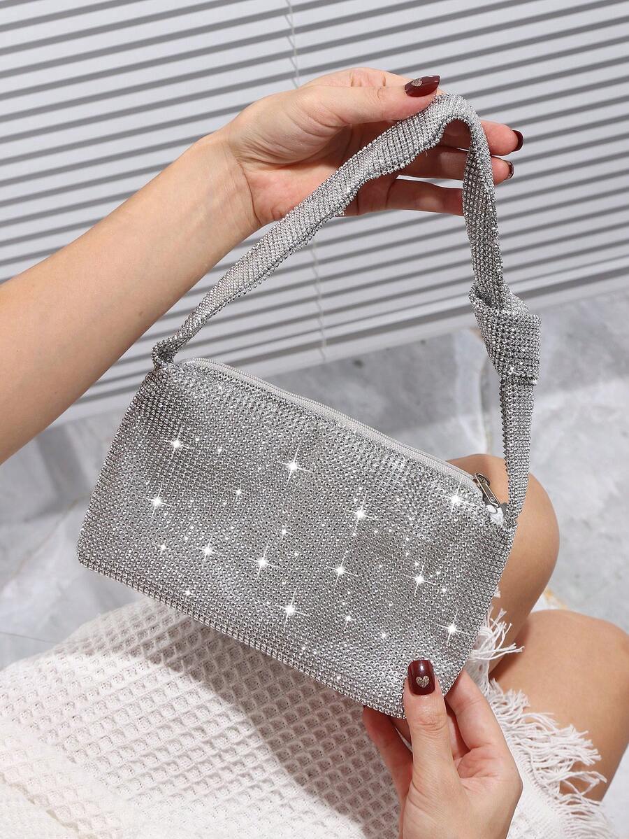 閃亮銀色鑲有鑽石的手拿包,肩背雙用,有時尚的純色手把。適用於婚禮、派對、宴會、舞會、生日、情人節等場合的禮物 - 銀色 - 查看 1