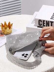 閃亮銀色鑲有鑽石的手拿包,肩背雙用,有時尚的純色手把。適用於婚禮、派對、宴會、舞會、生日、情人節等場合的禮物 - 銀色 - 查看 7