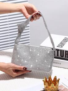 閃亮銀色鑲有鑽石的手拿包,肩背雙用,有時尚的純色手把。適用於婚禮、派對、宴會、舞會、生日、情人節等場合的禮物 - 銀色 - 查看 5