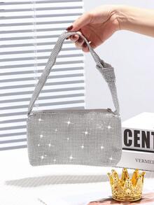 閃亮銀色鑲有鑽石的手拿包,肩背雙用,有時尚的純色手把。適用於婚禮、派對、宴會、舞會、生日、情人節等場合的禮物 - 銀色 - 查看 3