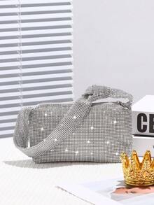 閃亮銀色鑲有鑽石的手拿包,肩背雙用,有時尚的純色手把。適用於婚禮、派對、宴會、舞會、生日、情人節等場合的禮物 - 銀色 - 查看 2