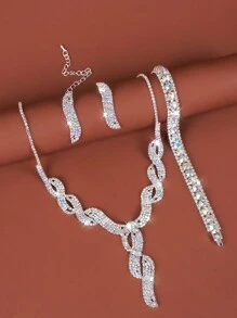 4入組時尚簡約鑽石頸鏈套裝，適用於女性日常佩戴、婚禮、派對、新娘 - 銀色 - 查看 14