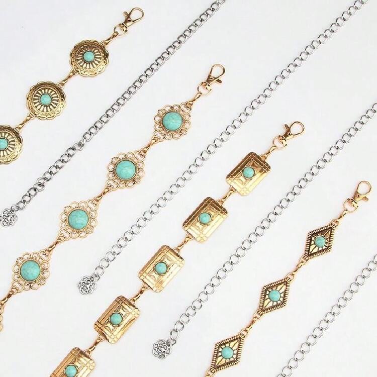 Boho 1pc Women's Artificial Green Stone Inlaid Metal Geometric Pattern Waist Chain, Sexy, Elegant And Versatile For Dress Accessory, Stylish Belt For Girls, Bohemian Style - Multicolor - View 5