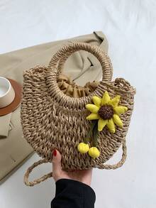 沙灘草半圓手提袋,環狀手柄手工編織藤制籃子,波西米亞度假旅行斜挎袋,女士夏季流行純色手袋,戶外野餐籃、攝影道具,完美禮品、收納和客廳裝飾 - 卡其色 - 查看 8