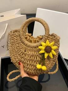 沙灘草半圓手提袋,環狀手柄手工編織藤制籃子,波西米亞度假旅行斜挎袋,女士夏季流行純色手袋,戶外野餐籃、攝影道具,完美禮品、收納和客廳裝飾 - 卡其色 - 查看 1