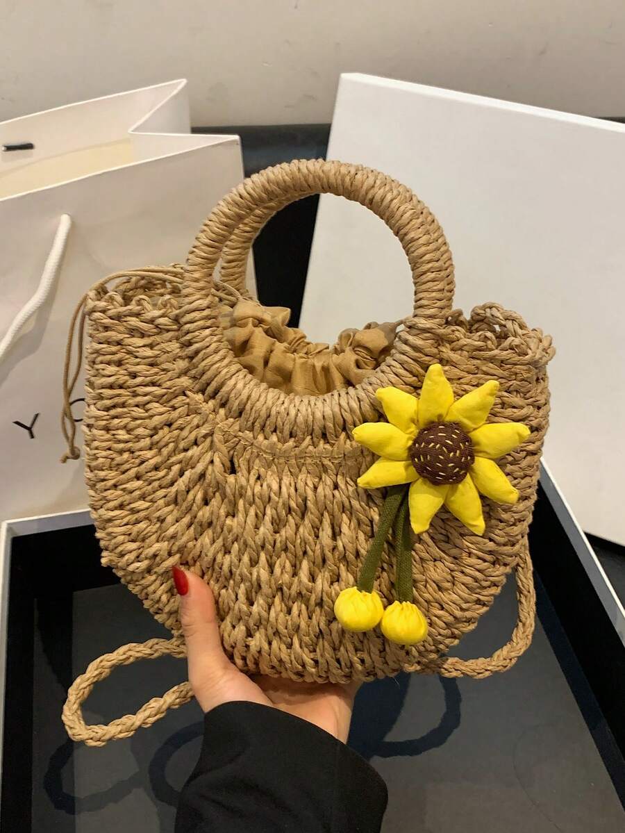 沙灘草半圓手提袋,環狀手柄手工編織藤制籃子,波西米亞度假旅行斜挎袋,女士夏季流行純色手袋,戶外野餐籃、攝影道具,完美禮品、收納和客廳裝飾 - 卡其色 - 查看 1