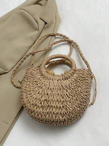 沙灘草半圓手提袋,環狀手柄手工編織藤制籃子,波西米亞度假旅行斜挎袋,女士夏季流行純色手袋,戶外野餐籃、攝影道具,完美禮品、收納和客廳裝飾 - 卡其色 - 查看 5