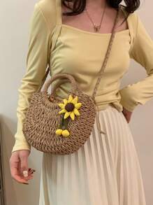 沙灘草半圓手提袋,環狀手柄手工編織藤制籃子,波西米亞度假旅行斜挎袋,女士夏季流行純色手袋,戶外野餐籃、攝影道具,完美禮品、收納和客廳裝飾 - 卡其色 - 查看 3