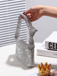 閃亮銀色鑲有鑽石的手拿包,肩背雙用,有時尚的純色手把。適用於婚禮、派對、宴會、舞會、生日、情人節等場合的禮物 - 銀色 - 查看 4