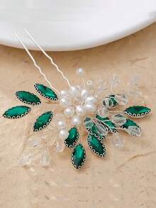 1pc Bridal Hair Comb With Pearls, Green Rhinestones For Women - Green - View 8