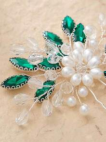 1pc Bridal Hair Comb With Pearls, Green Rhinestones For Women - Green - View 7