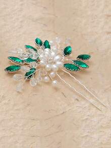 1pc Bridal Hair Comb With Pearls, Green Rhinestones For Women - Green - View 5