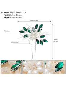 1pc Bridal Hair Comb With Pearls, Green Rhinestones For Women - Green - View 3
