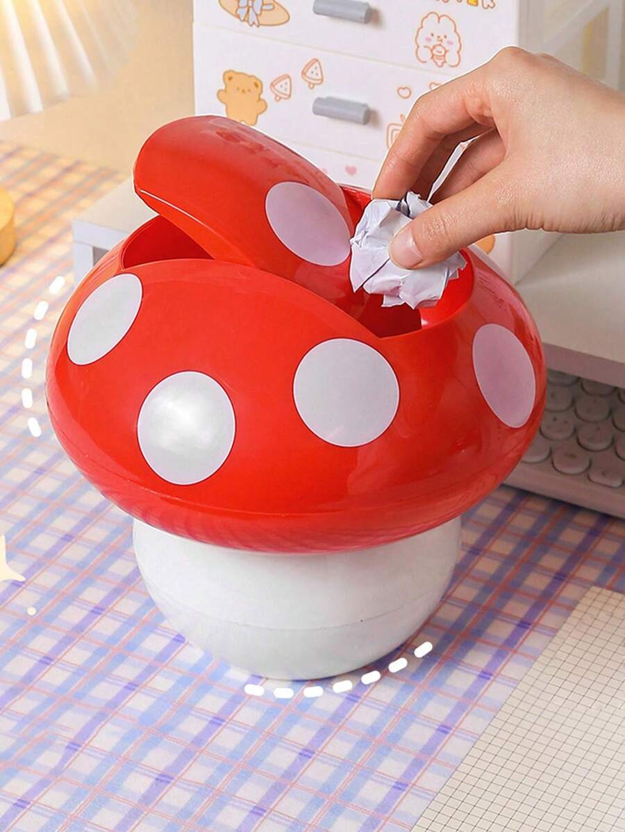 1pc Mushroom Shaped Trash Can, Creative Cartoon Desktop Storage Bin, Shake Head Kitchen Trash Can With Notepad, Multi-Functional Household Storage Container For Car Or Desk, Cute Desktop Garbage Bin - Red and White - View 1