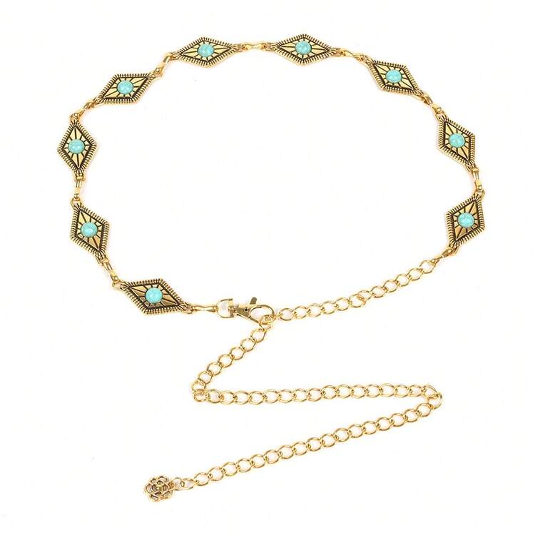 Boho 1pc Women's Artificial Green Stone Inlaid Metal Geometric Pattern Waist Chain, Sexy, Elegant And Versatile For Dress Accessory, Stylish Belt For Girls, Bohemian Style - Multicolor - View 17