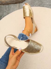 Women's Summer New Open Toe Comfortable Lightweight Non-Slip Rubber Sole Flat Sandals, Vacation Style Gold Glitter Sandals, For Indoor & Outdoor Wear - Gold - View 7