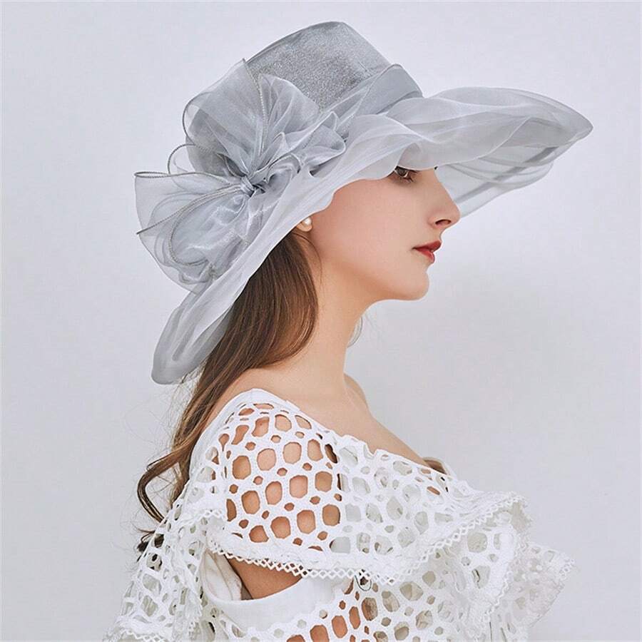 1pc Vintage Elegant Double Layer Organza Flower Detail Sun Hat With Foldable Brim For Women, Summer Bow - Multicolor - View 1
