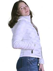 Abrigo Acolchonado Con Capucha Y Cremallera Sólida Colina - Blanco - Ver 2