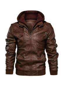 Men Casual Multi-Pocket Retro Motorcycle PU Leather Hooded Jacket, Autumn/Winter