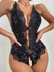 1pc Women's Sexy Lace Hollow Out Bodysuit Lingerie, Suitable For Home Use For Going Out, Baddie Look