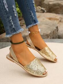 Women's Summer New Open Toe Comfortable Lightweight Non-Slip Rubber Sole Flat Sandals, Vacation Style Gold Glitter Sandals, For Indoor & Outdoor Wear - Gold - View 2