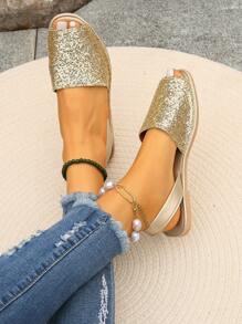 Women's Summer New Open Toe Comfortable Lightweight Non-Slip Rubber Sole Flat Sandals, Vacation Style Gold Glitter Sandals, For Indoor & Outdoor Wear - Gold - View 6