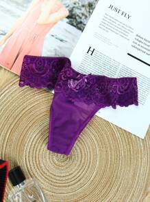 3入組花朵蕾絲丁字褲,低腰內衣,臀部褲 - 紫色 - 查看 5