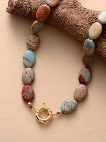 1 Miếng Tự nhiên đá Của phụ nữ Dây chuyền , Hình trái xoan Hạt Xương quai xanh Chuỗi , Đơn giản Và Cá nhân hóa , Màu sắc tùy ý - Hạt phẳng hình bầu dục - Xem 2