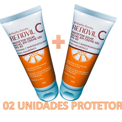 Kit 02 Protetor Solar Facial Creme Gel FPS 40 Com Ácido Hialurônico e Vitamina C Renovil 50g - Abelha Rainha