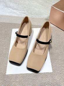 Của phụ nữ Mary Jane Khóa vuông Giày dép , Retro Phong cách Pháp Mềm mại Dày Gót chân Da Giày dép Cho mùa xuân Và Mùa thu 2023 - Màu Khaki - Xem 2