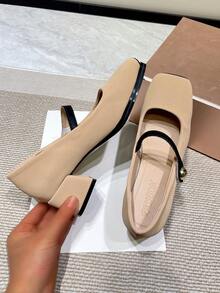 Của phụ nữ Mary Jane Khóa vuông Giày dép , Retro Phong cách Pháp Mềm mại Dày Gót chân Da Giày dép Cho mùa xuân Và Mùa thu 2023 - Màu Khaki - Xem 3