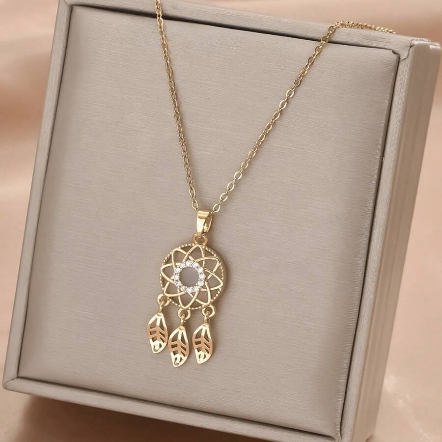 1條鍍金不銹鋼鏈,配有立方氧化鋯和貓眼夢網流蘇吊墜項鏈,適合女性、情侶、派對、街頭穿搭、日常穿搭、上下班使用