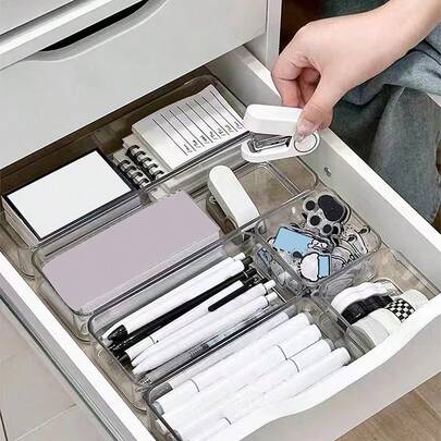 1/3/6/11件套互锁式桌面抽屉收纳盒，办公室、浴室、卧室整理托盘 - 适用于文具、办公用品、化妆品、学习用品，4/5种不同尺寸，返校季，学习用品，铅笔盒，铅笔袋，书包