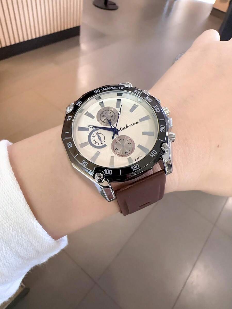 硅膠錶帶涼爽男士手錶,配有超過43mm的圓錶盤和淺色錶盤,石英運動,適用於商務和休閒場合 - 棕色 - 查看 1