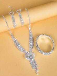 4入組時尚簡約鑽石頸鏈套裝，適用於女性日常佩戴、婚禮、派對、新娘 - 銀色 - 查看 3