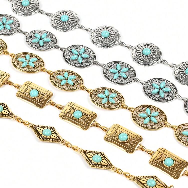 Boho 1pc Women's Artificial Green Stone Inlaid Metal Geometric Pattern Waist Chain, Sexy, Elegant And Versatile For Dress Accessory, Stylish Belt For Girls, Bohemian Style - Multicolor - View 9