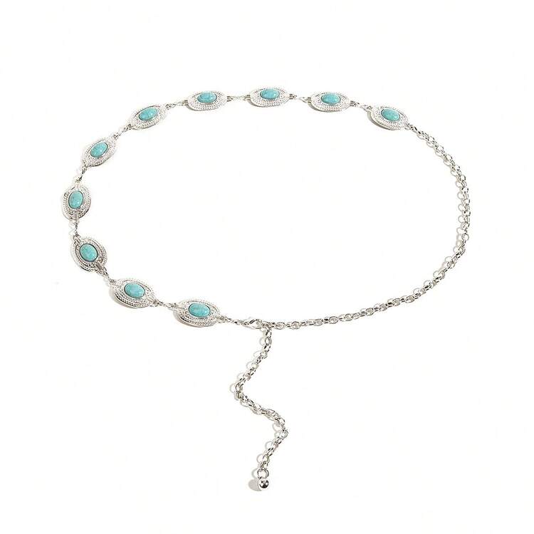 Boho 1pc Women's Artificial Green Stone Inlaid Metal Geometric Pattern Waist Chain, Sexy, Elegant And Versatile For Dress Accessory, Stylish Belt For Girls, Bohemian Style - Multicolor - View 10