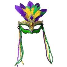 1 件狂欢节威尼斯化妆舞会彩色羽毛彩绘粉绿紫金流苏面具，适合狂欢节、万圣节和化妆舞会，均码 A - 彩色 - 查看 3