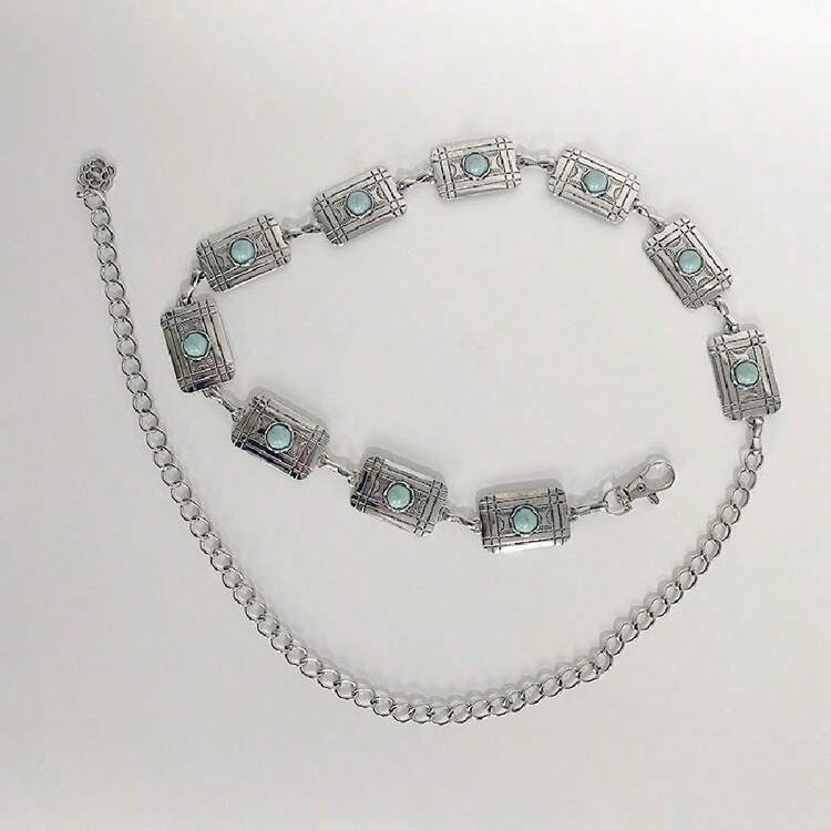 Boho 1pc Women's Artificial Green Stone Inlaid Metal Geometric Pattern Waist Chain, Sexy, Elegant And Versatile For Dress Accessory, Stylish Belt For Girls, Bohemian Style - Multicolor - View 18