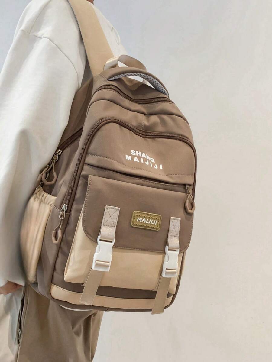 Mochila escolar para niñas, estudiantes de escuela secundaria y universidad, estilo retro, gran capacidad, multicolor, compartimento para computadora portátil, apta para estudiantes de secundaria, universidad, escuela primaria, actividades al aire libre, viajes, regreso a clases - Caqui - Ver 1