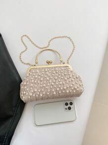 Spring/Autumn New Women's Studded Cloud Pleated Shell Handbag, Simple Ladies Clip Mouth Bag With Chain Shoulder Strap - Khaki - View 6