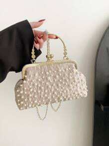 Spring/Autumn New Women's Studded Cloud Pleated Shell Handbag, Simple Ladies Clip Mouth Bag With Chain Shoulder Strap - Khaki - View 4
