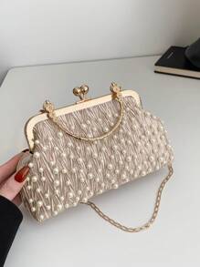 Spring/Autumn New Women's Studded Cloud Pleated Shell Handbag, Simple Ladies Clip Mouth Bag With Chain Shoulder Strap - Khaki - View 1