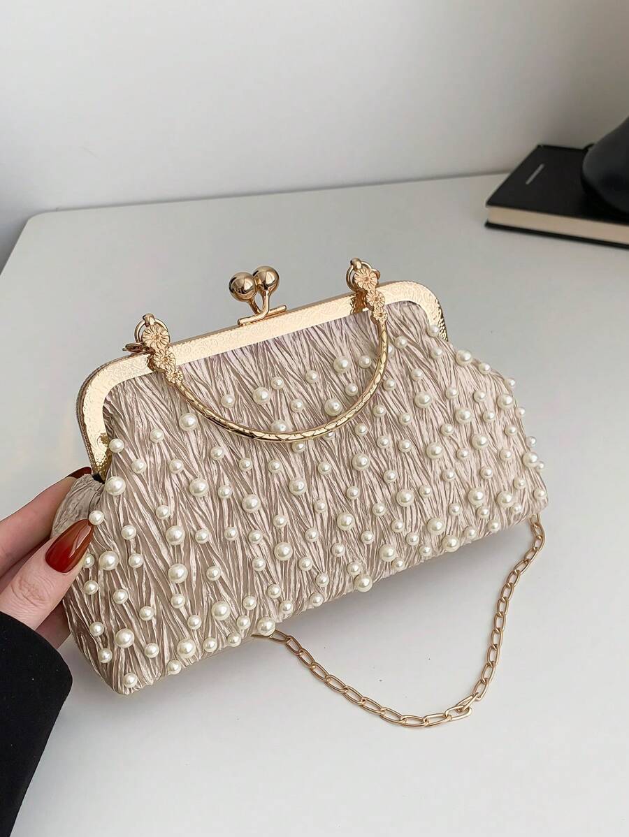 Spring/Autumn New Women's Studded Cloud Pleated Shell Handbag, Simple Ladies Clip Mouth Bag With Chain Shoulder Strap - Khaki - View 1