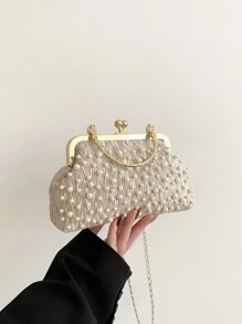 Spring/Autumn New Women's Studded Cloud Pleated Shell Handbag, Simple Ladies Clip Mouth Bag With Chain Shoulder Strap - Khaki - View 3