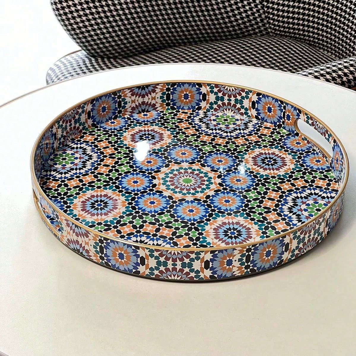 Zosenley Totem Style Round Decorative Tray, Marbling Plastic Tray With Handles, Modern Vanity