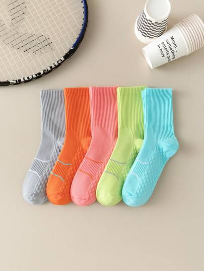 5 Pairs Women's Colorful Athletic Socks, Massage Bottom, Mid-Calf, Breathable, Quick Dry, Basketball Short Deodorizing Moisture Wicking, Summer